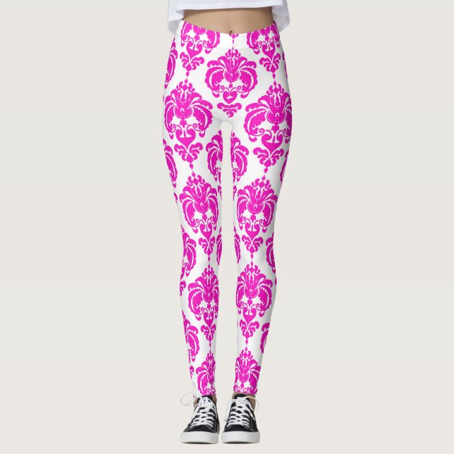 Leggings Rosa Caliente Blanco Damasco Chic Moderno Patrón E (Anverso)