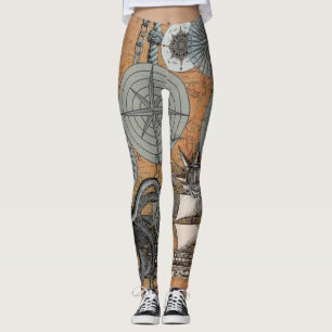 Leggings Rosa de brújula Vintage Nautical Octopus Ship
