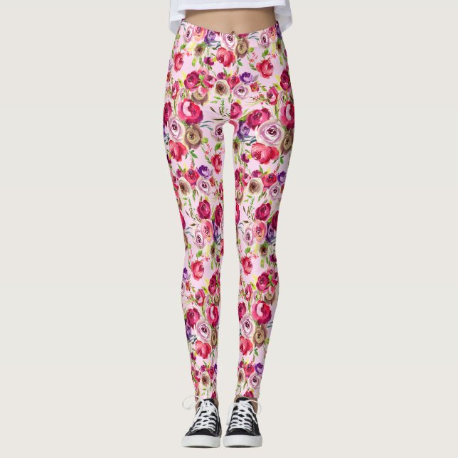 Leggings Rosa de Moda rosa acuarela Peony Floral (Anverso)