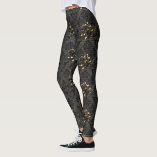 Leggings Rosa de oro negro gótico damasco adulto elegante