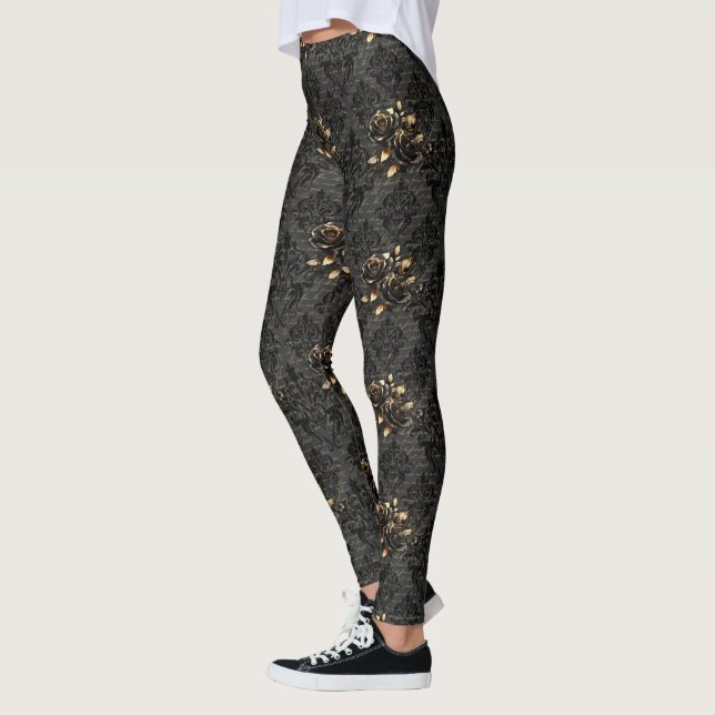 Leggings Rosa de oro negro gótico damasco adulto elegante (Izquierda)