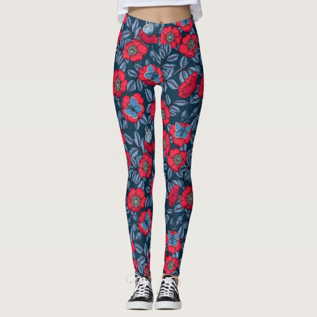 Leggings Rosa de perro y mariposas en azul y rojo (Anverso)