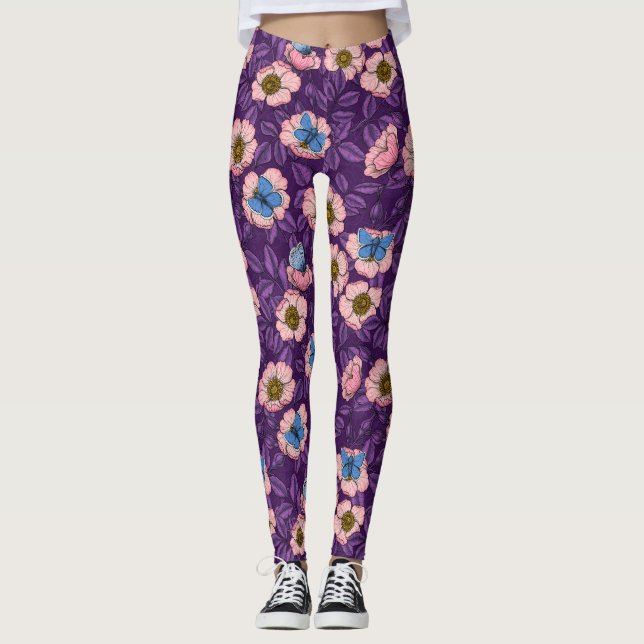 Leggings Rosa de perro y mariposas en rosa y púrpura (Anverso)