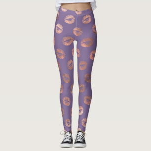 Leggings Rosa Dorado Glamuroso con Hojas y Labios Lavanda