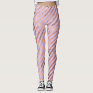 Leggings Rosa Dorado Glamuroso con Hojas y Rayas Lavanda