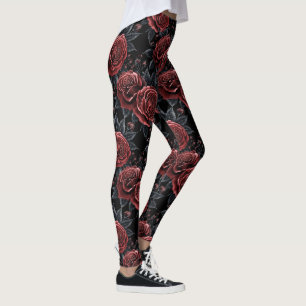 Leggings Rosa floral gótica oscura patrón negro rojo elegan