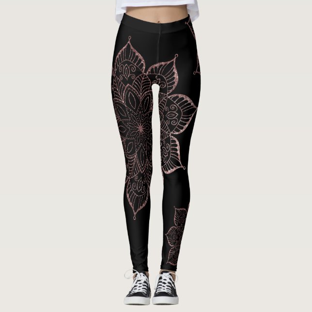 Leggings Rosa fuera de centro Purpurina Gold Faux Mandalas  (Anverso)