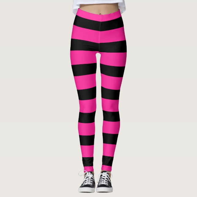 Leggings Rosa Fuerte y Negro Moda Raya Rayas (Anverso)