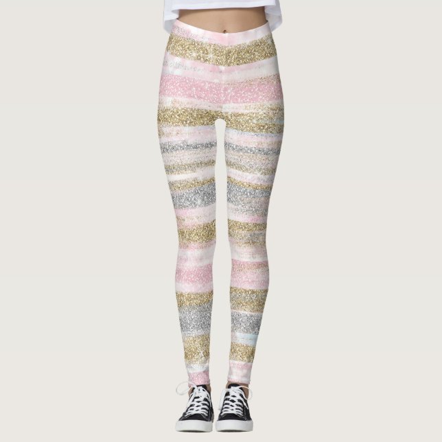 Leggings Rosa moderno Purpurina dorado plateado estriba ban (Anverso)