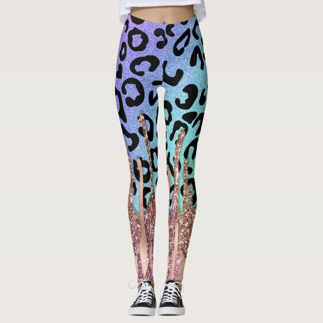 Leggings Rosa Purpurina de oro y leopardo arcoiris imprimen (Anverso)