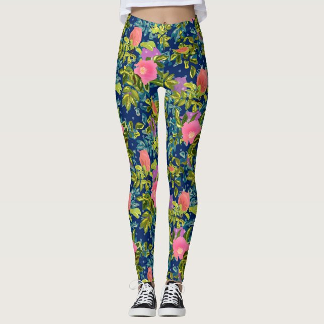 Leggings Rosa salvaje, fondo azul, rosa salvaje, rosas, ros (Anverso)