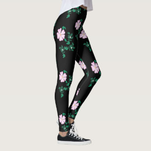 Leggings Rosa salvaje - Patrón floral sobre fondo negro