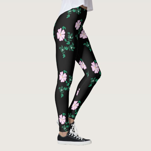Leggings Rosa salvaje - Patrón floral sobre fondo negro (Derecha)
