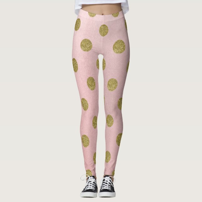 Leggings Rosa suave Purpurina de oro rosado Glam Polka Dots (Anverso)