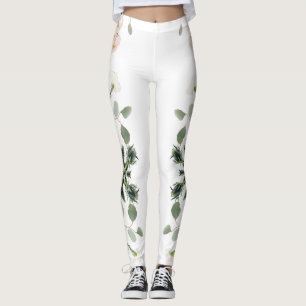 Leggings Rosa y hojas blancas artísticas