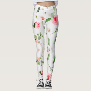 Leggings Rosa y zinnia patrón floral sobre fondo blanco