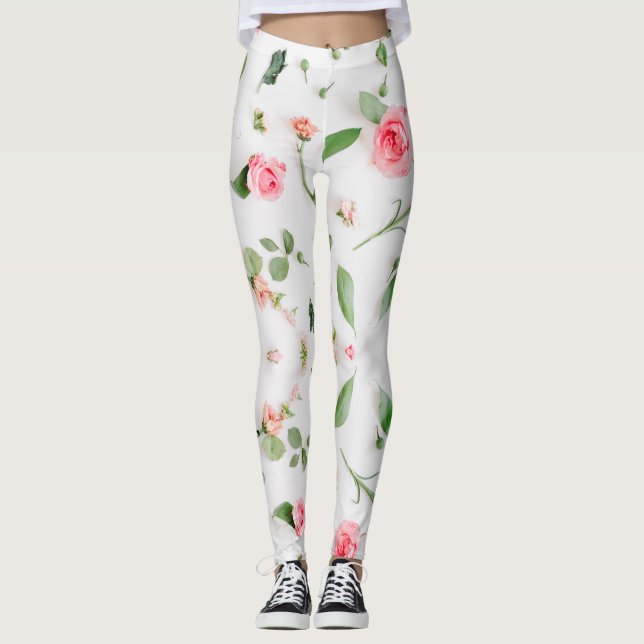 Leggings Rosa y zinnia patrón floral sobre fondo blanco (Anverso)