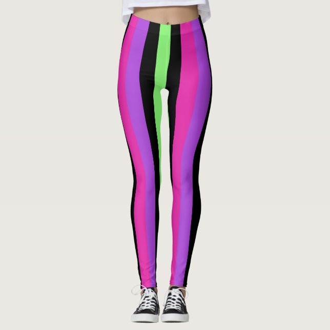 Leggings Rosado rayado, púrpura de neón, verde, y negro (Anverso)