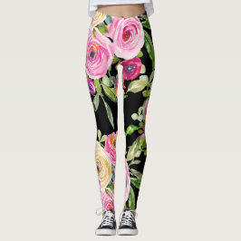 Leggings Rosas acuarelas en rosa y crema en negro