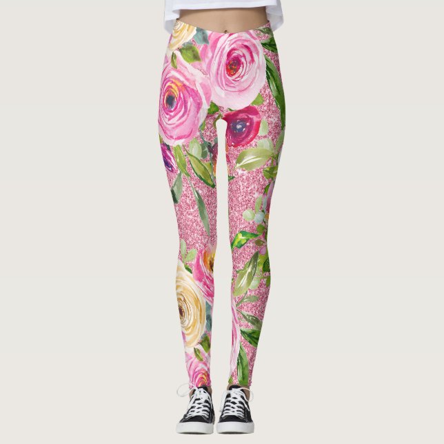 Leggings Rosas acuarelas en rosa y crema en Purpurina rosa (Anverso)