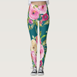 Leggings Rosas acuarelas en rosa y crema en Verde azulado