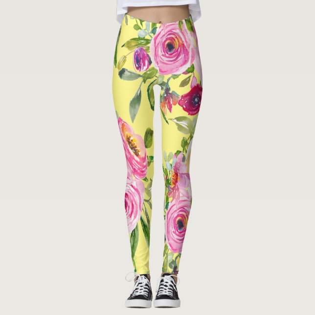 Leggings Rosas acuarelas en rosa y rojo en amarillo (Anverso)