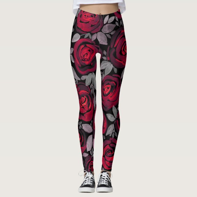 Leggings Rosas acuarelas, rosas rojas sobre negro (Anverso)