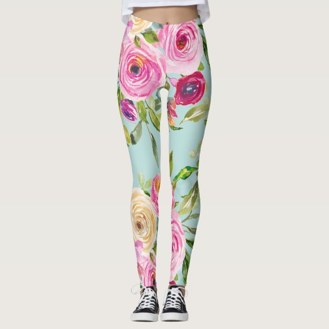 Leggings Rosas acuáticos en rosa y crema en Aqua (Anverso)