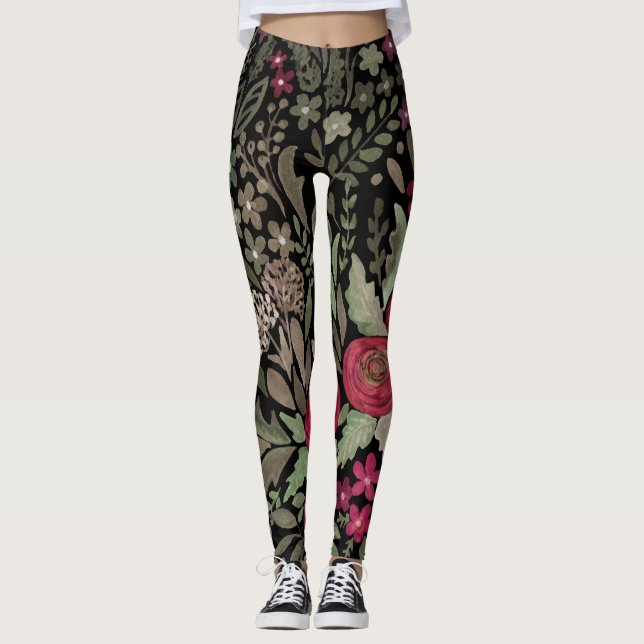 Leggings Rosas acuáticos, sobre un fondo negro, acuarela (Anverso)