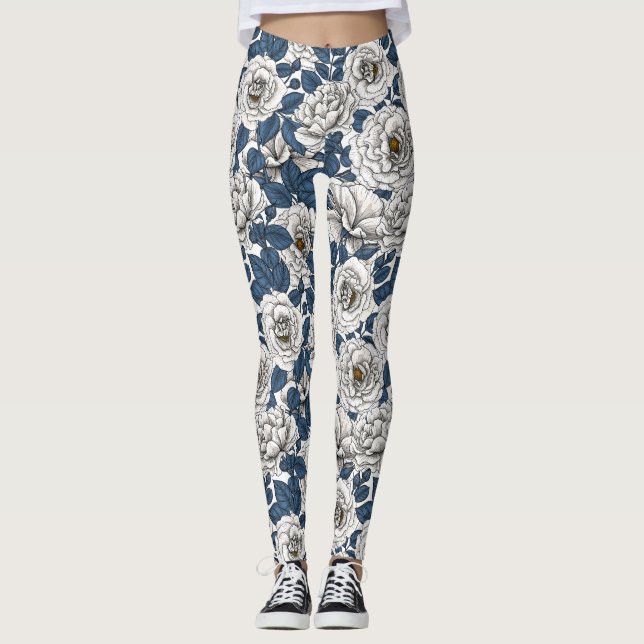 Leggings Rosas blancas con hojas azules en blanco (Anverso)