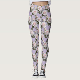 Leggings Rosas blancas suaves y rosadas sobre lavanda ahuma