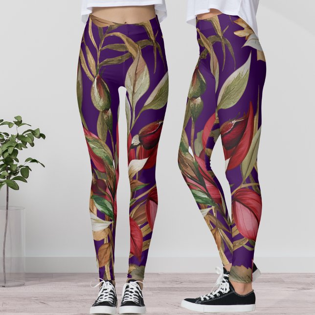 Leggings Rosas botánicos de época y hojas de palma moradas (Subido por el creador)
