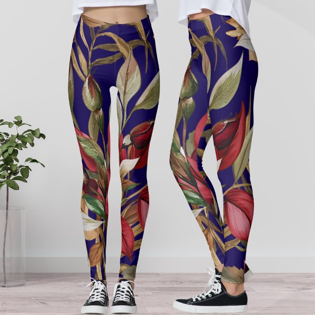 Leggings Rosas botánicos de época y hojas de palmera azul (Subido por el creador)