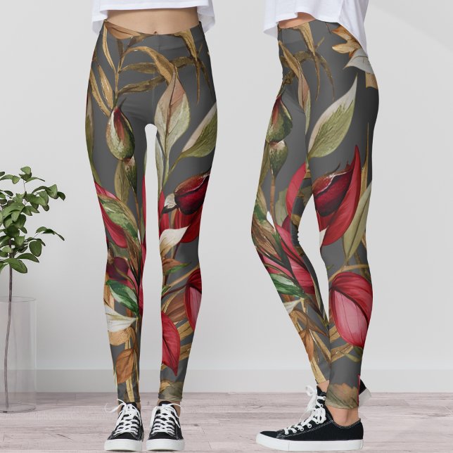 Leggings Rosas botánicos y hojas de palma grises (Subido por el creador)