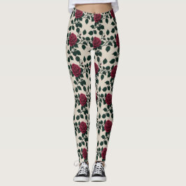 Leggings Rosas Carmesí Brillantes Con Hojas Verde Oscuro