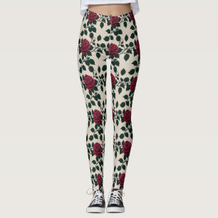 Leggings Rosas Carmesí Brillantes Con Hojas Verde Oscuro