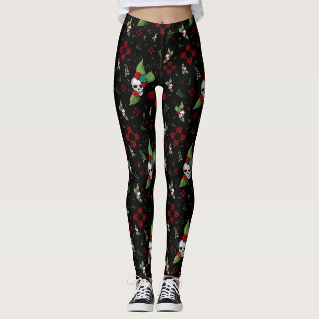 Leggings Rosas de cráneo Zia Sun Greenery Nuevo México Negr (Anverso)