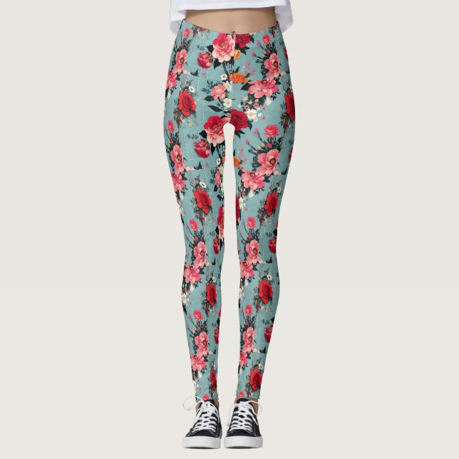 Leggings Rosas de época y florines de fondo azul (Anverso)
