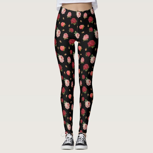 Leggings Rosas de la moda ventilado Cuelgan Patrón Retro Fl (Anverso)