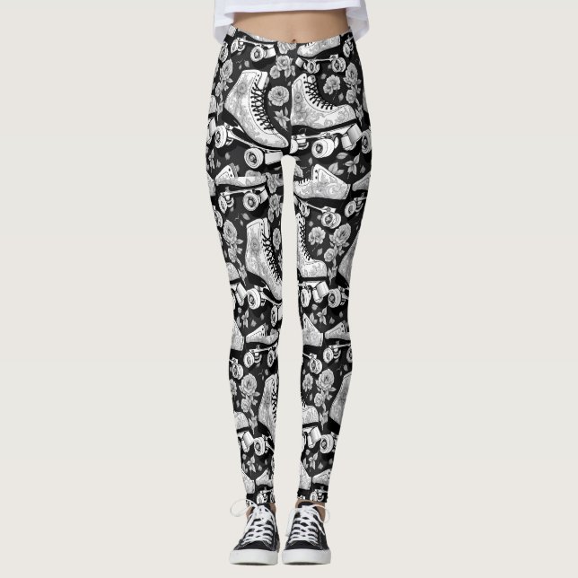 Leggings Rosas de patinaje cuádruple diseño blanco negro (Anverso)