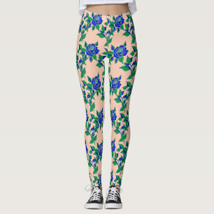 Leggings Rosas en azul eléctrico llamativo con hojas verdes