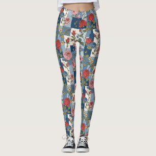 Leggings Rosas Floral Blue Jean Denim Patchwork Retro