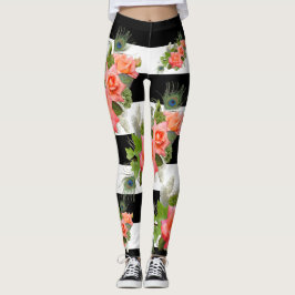 Leggings Rosas Floral Striped Pattern Peacock Fethers