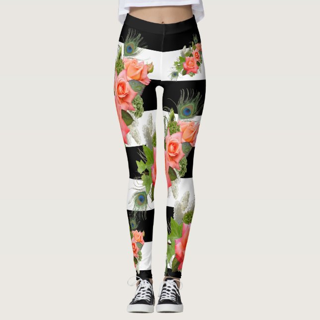 Leggings Rosas Floral Striped Pattern Peacock Fethers (Anverso)