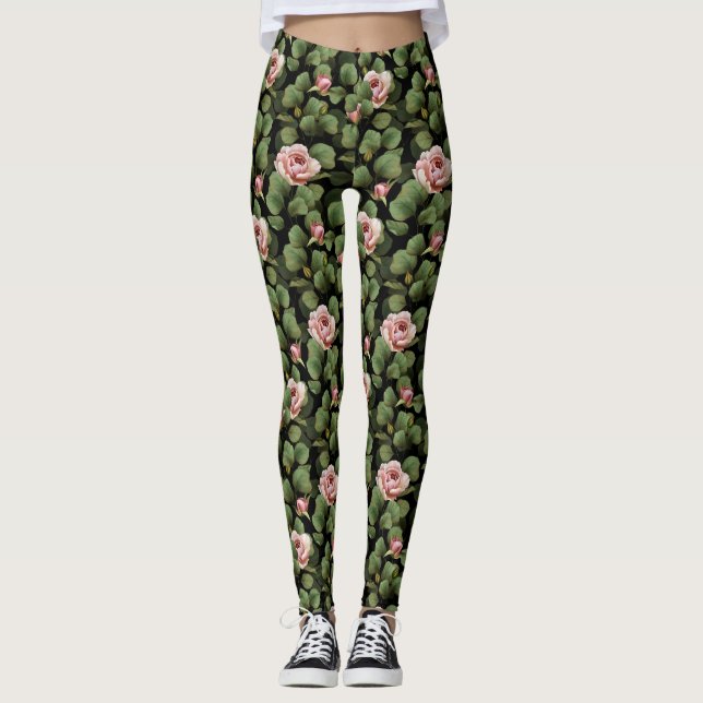 Leggings Rosas frágiles. Patrón floral sobre negro (Anverso)