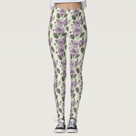 Leggings Rosas Lavanda Con Hojas De Plata Y Verde