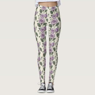 Leggings Rosas Lavanda Con Hojas De Plata Y Verde