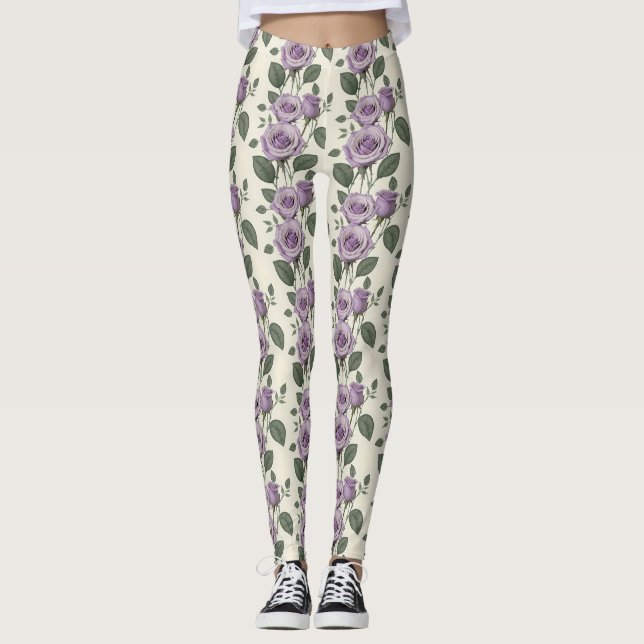 Leggings Rosas Lavanda Con Hojas De Plata Y Verde (Anverso)
