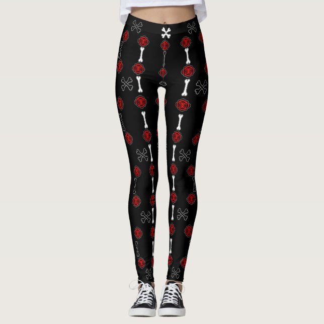 Leggings Rosas muertos (negro con rojo) (Anverso)