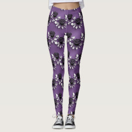 Leggings Rosas Negras Elegantes Con Hojas De Plata